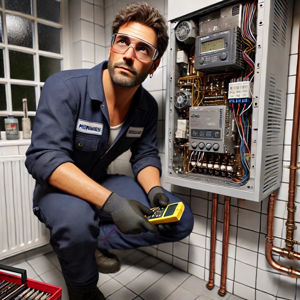 Technik provádí servisní prohlídku plynového kotle